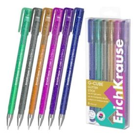 ErichKrause G-Cube Stick Glitter Pack de 6 Boligrafos con Capuchon - Punta de 1.0mm - Trazo 0.9mm - Tapa Ventilada - Colores Sur