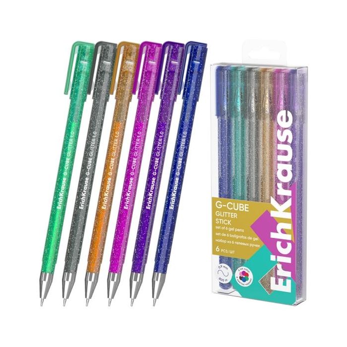 ErichKrause G-Cube Stick Glitter Pack de 6 Boligrafos con Capuchon - Punta de 1.0mm - Trazo 0.9mm - Tapa Ventilada - Colores Sur