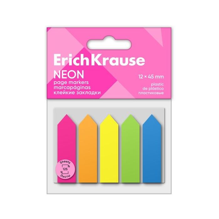ErichKrause Neon Arrows Pack de 5 Blocs de 25 Marcadores de Pagina - Reposicionables - Plastico - 12x45mm - Colores Surtidos