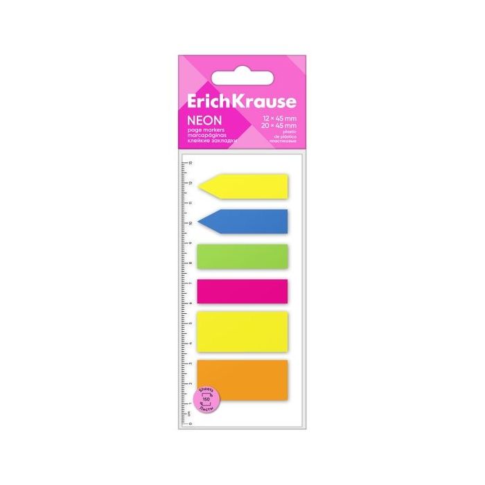 ErichKrause Neon Pack de 6 Blocs de 25 Marcadores de Pagina - Reposicionables - Plastico - 12x45mm - Colores Surtidos