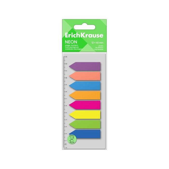 ErichKrause Neon Arrows Pack de 8 Blocs de 25 Marcadores de Pagina - Reposicionables - Plastico - 12x45mm - Colores Surtidos