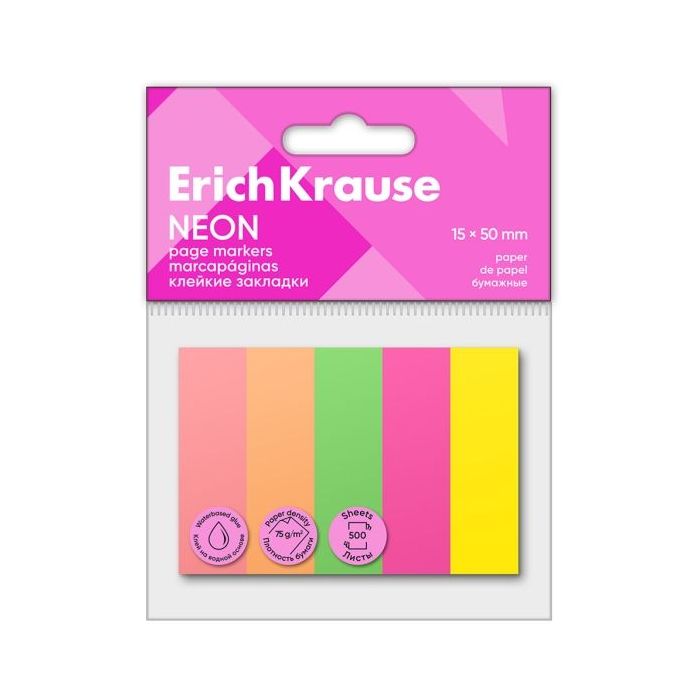 ErichKrause Neon Pack de 5 Blocs de 100 Marcadores de Pagina - Reposicionables - Papel de 75g/m2 - 15X50mm - Colores Surtidos