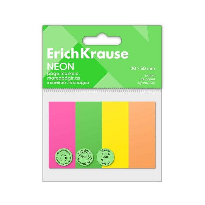 ErichKrause Neon Pack de 4 Blocs de 50 Marcadores de Pagina - Reposicionables - Papel de 75g/m2 - 20X50mm - Pegamento a Base de