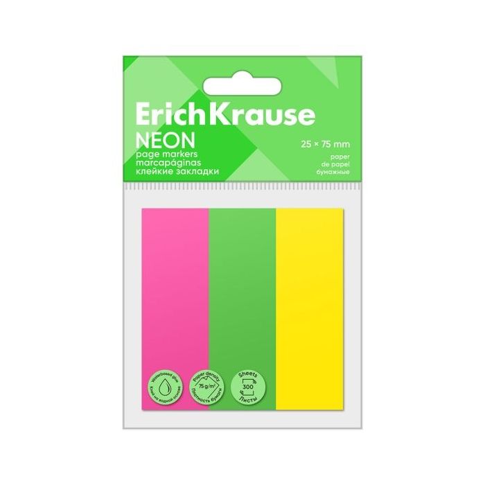 ErichKrause Neon Pack de 3 Blocs de 100 Marcadores de Pagina - Reposicionables - Papel de 75g/m2 - 25X75mm - Colores Surtidos