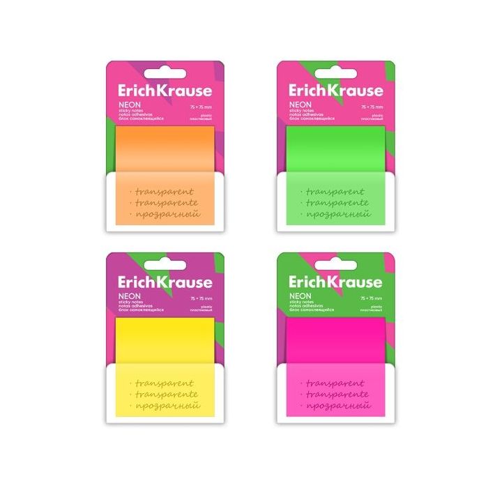 ErichKrause Neon Bloc de 50 Notas Adhesivas Reposicionables - Plastico - 75x75mm - Pegamento a Base de Agua - Colores Surtidos