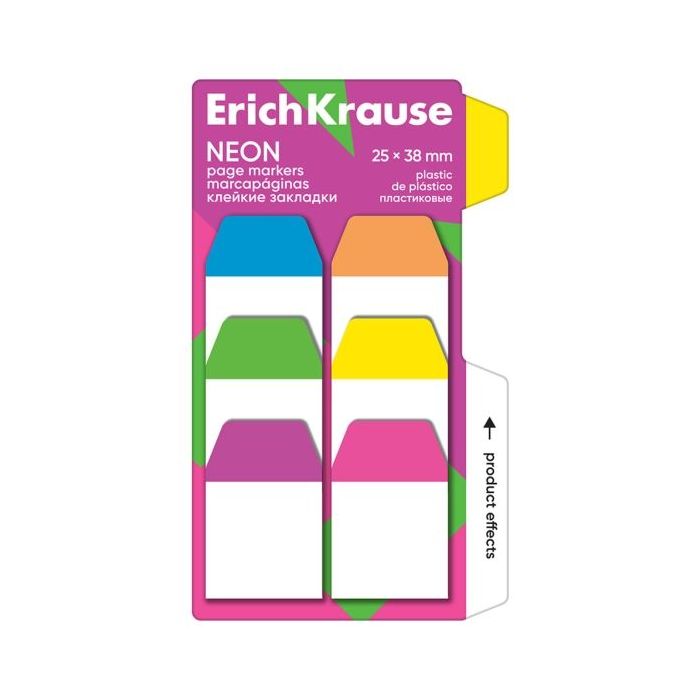 ErichKrause Neon Pack de 6 Blocs de 10 Marcadores de Pagina - Reposicionables - Plastico - 25X38mm - Colores Surtidos