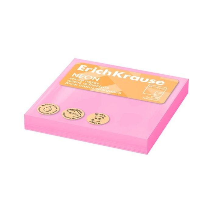 ErichKrause Neon Bloc de 100 Notas Adhesivas Reposicionables - Papel de 75g/m2 - 75x75mm - Pegamento a Base de Agua - Color Rosa
