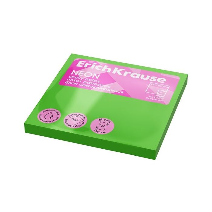 ErichKrause Neon Bloc de 100 Notas Adhesivas Reposicionables - Papel de 75g/m2 - 75x75mm - Pegamento a Base de Agua - Color Verd