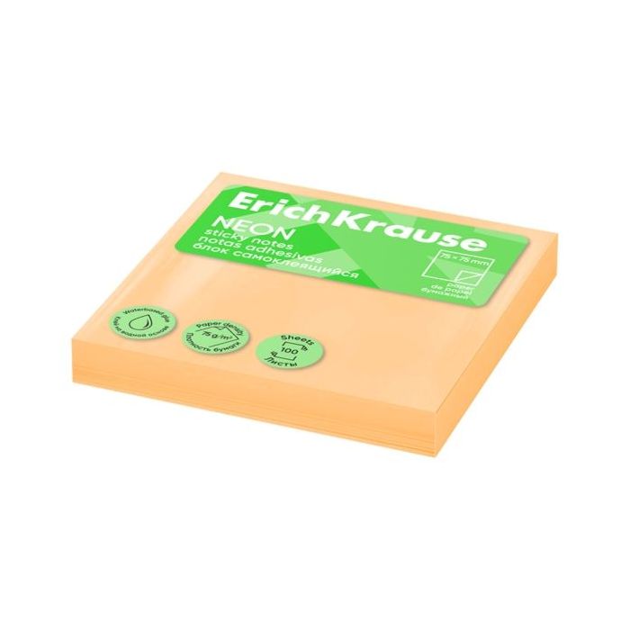 ErichKrause Neon Bloc de 100 Notas Adhesivas Reposicionables - Papel de 75g/m2 - 75x75mm - Pegamento a Base de Agua - Color Nara