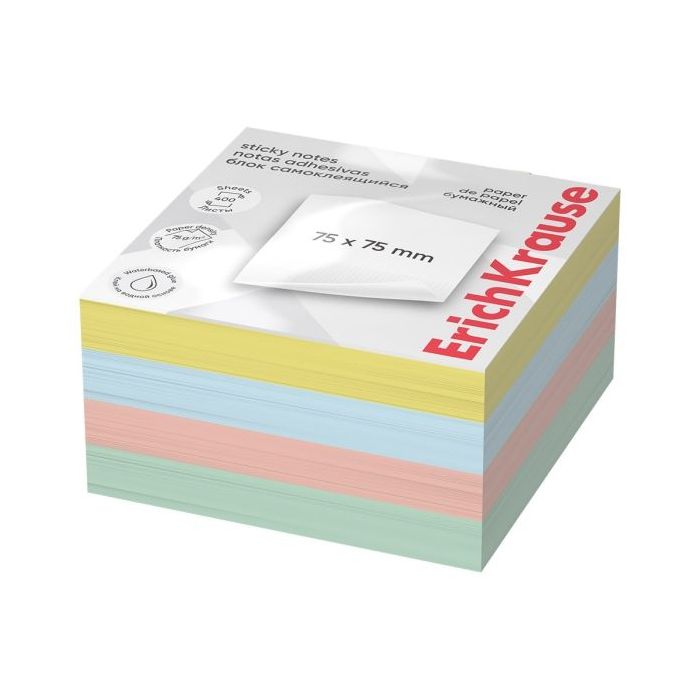 ErichKrause Bloc de 400 Notas Adhesivas Reposicionables - Papel de 75g/m2 - 75x75mm - Pegamento a Base de Agua - Colores Surtido