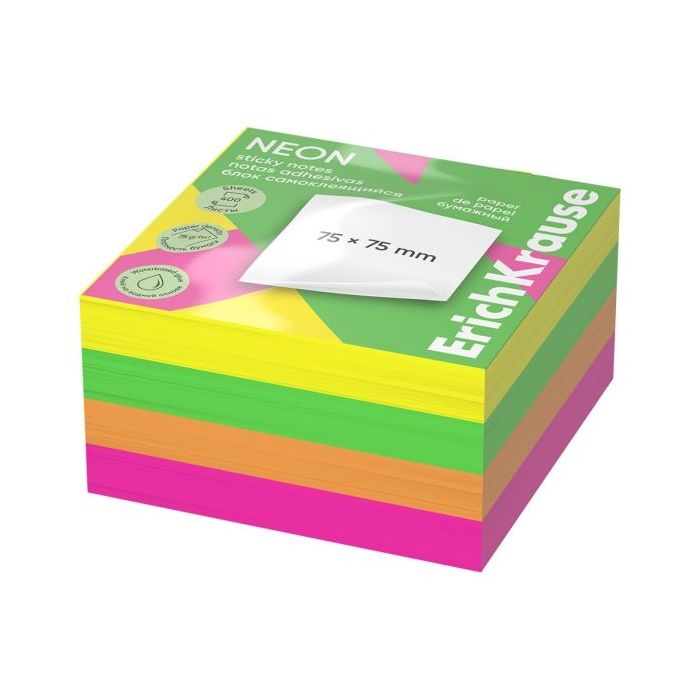 ErichKrause Neon Bloc de 400 Notas Adhesivas Reposicionables - Papel de 75g/m2 - 75x75mm - Pegamento a Base de Agua - Colores Su
