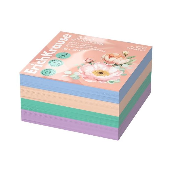 ErichKrause Pastel Bloom Bloc de 400 Notas Adhesivas Reposicionables - Papel de 75g/m2 - 75x75mm - Pegamento a Base de Agua - Co