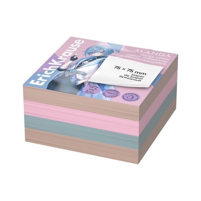 ErichKrause Manga Bloc de 400 Notas Adhesivas Reposicionables - Papel de 75g/m2 - 75x75mm - Pegamento a Base de Agua - Colores S