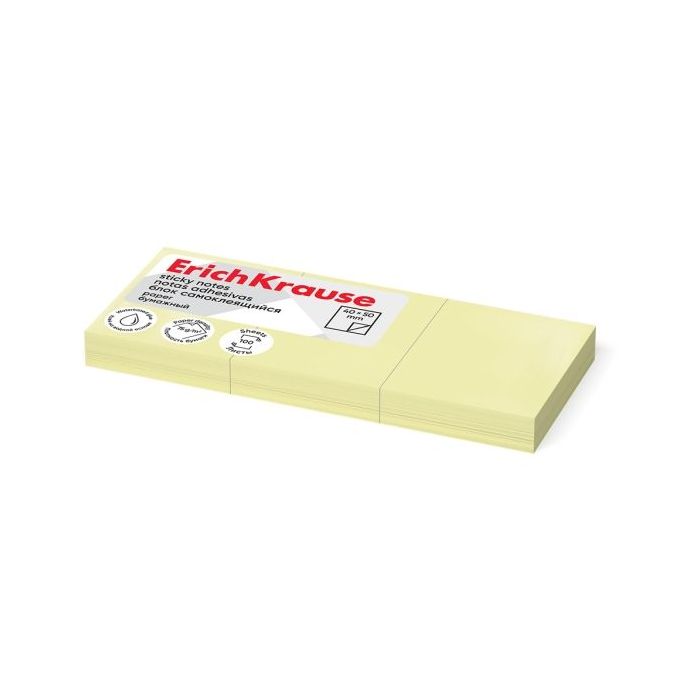ErichKrause Pack de 3 Blocs de 100 Notas Adhesivas Reposicionables - Papel de 75g/m2 - 40X50mm - Pegamento a Base de Agua - Colo