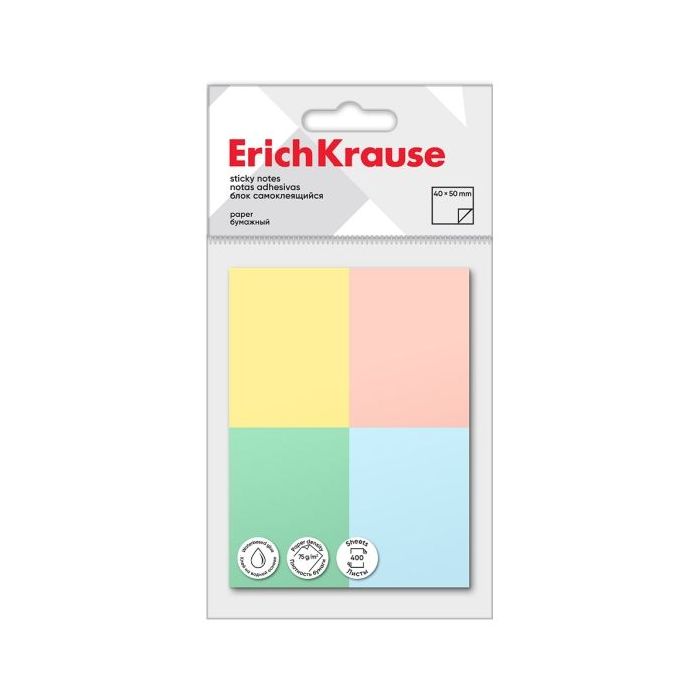 ErichKrause Pack de 4 Blocs de 100 Notas Adhesivas Reposicionables - Papel de 75g/m2 - 40X50mm - Pegamento a Base de Agua - Colo