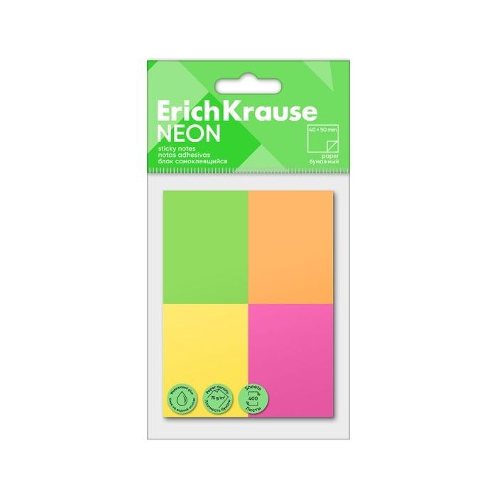 ErichKrause Neon Pack de 4 Blocs de 100 Notas Adhesivas Reposicionables - Papel de 75g/m2 - 40X50mm - Pegamento a Base de Agua -