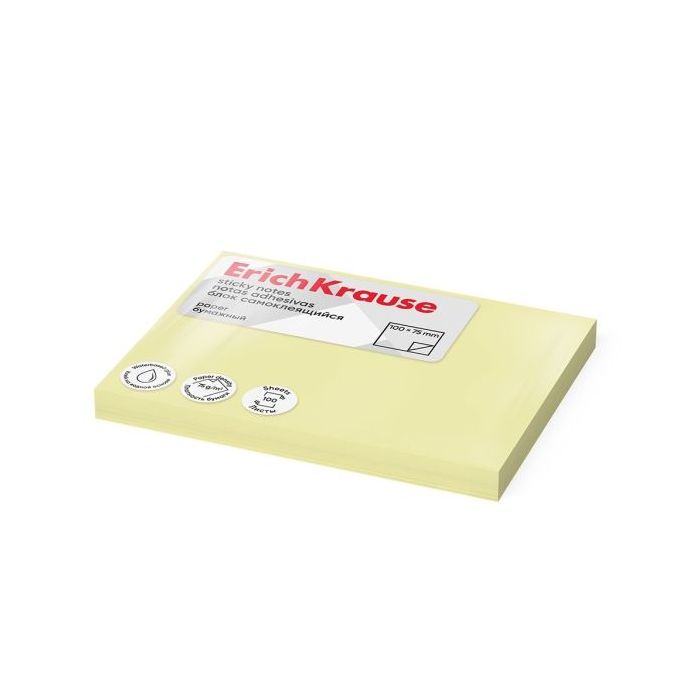 ErichKrause Bloc de 100 Notas Adhesivas Reposicionables - Papel de 75g/m2 - 75x100mm - Pegamento a Base de Agua - Color Amarillo
