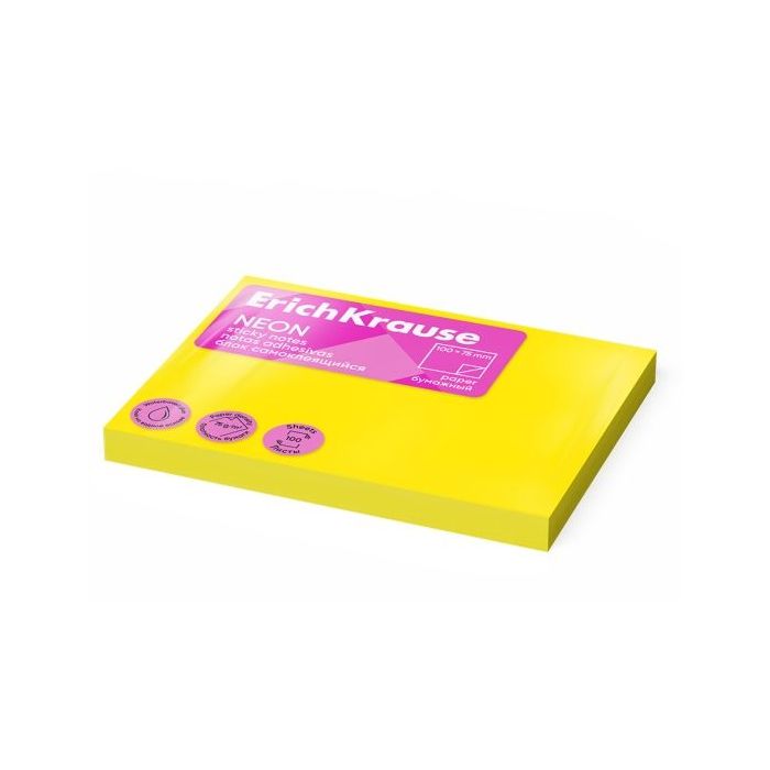 ErichKrause Neon Bloc de 100 Notas Adhesivas Reposicionables - Papel de 75g/m2 - 75x100mm - Pegamento a Base de Agua - Color Ama