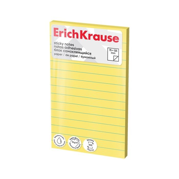 ErichKrause Bloc de 100 Notas Adhesivas Reposicionables - Papel de 75g/m2 - 75x125mm - Pegamento a Base de Agua - Color Amarillo