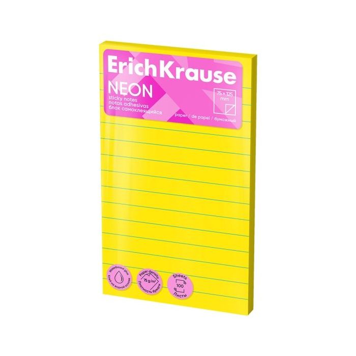 ErichKrause Neon Bloc de 100 Notas Adhesivas Reposicionables - Papel de 75g/m2 - 75x125mm - Pegamento a Base de Agua - Colores S