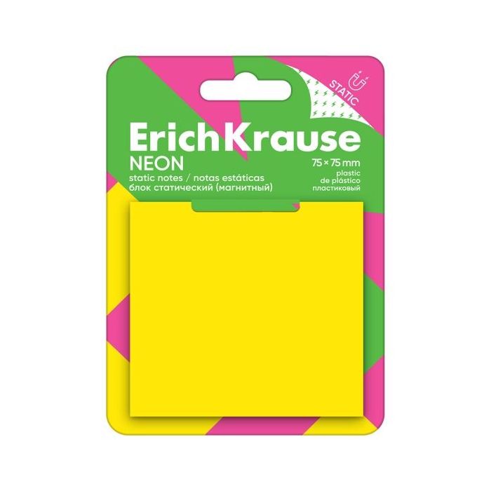 ErichKrause Neon Bloc de 50 Notas Adhesivas Reposicionables - Plastico - 75x75mm - Pegamento a Base de Agua - Color Amarillo