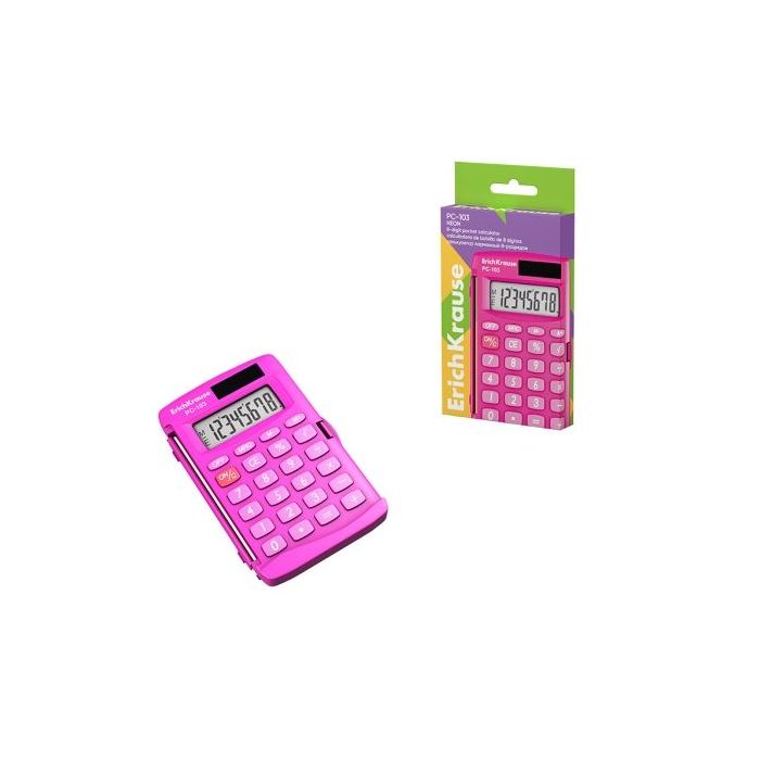 ErichKrause PC-103 Neon Calculadora de Bolsillo - Pantalla LCD de 8 Digitos - Presentado en Caja - Alimentacion Solar - Color Ro