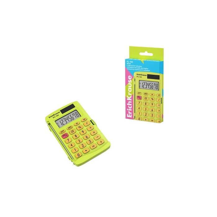 ErichKrause PC-103 Neon Calculadora de Bolsillo - Pantalla LCD de 8 Digitos - Presentado en Caja - Alimentacion Solar - Color Am