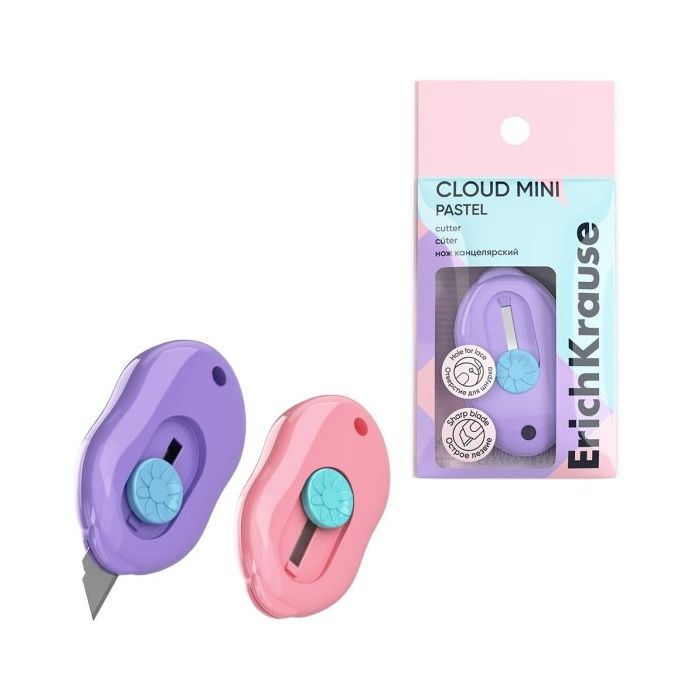 ErichKrause Cloud Mini Pastel Cuter con Fijador - Hoja de 9mm de Ancho - Cuerpo en Plastico - Colores Surtidos