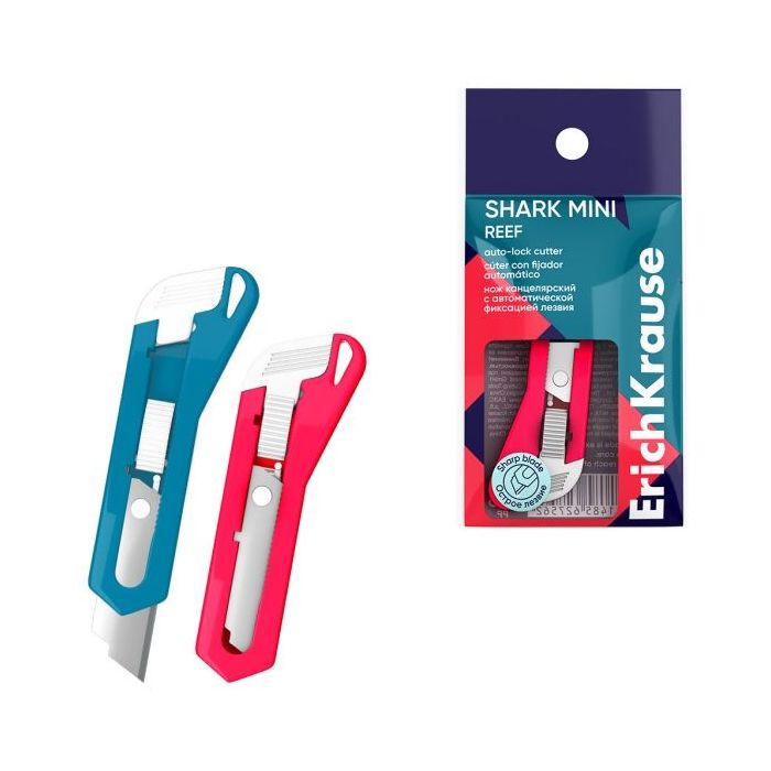 ErichKrause Shark Mini Reef Cuter con Fijador Automatico - Hoja de 13mm de Ancho - Cuerpo en Plastico - Colores Surtidos