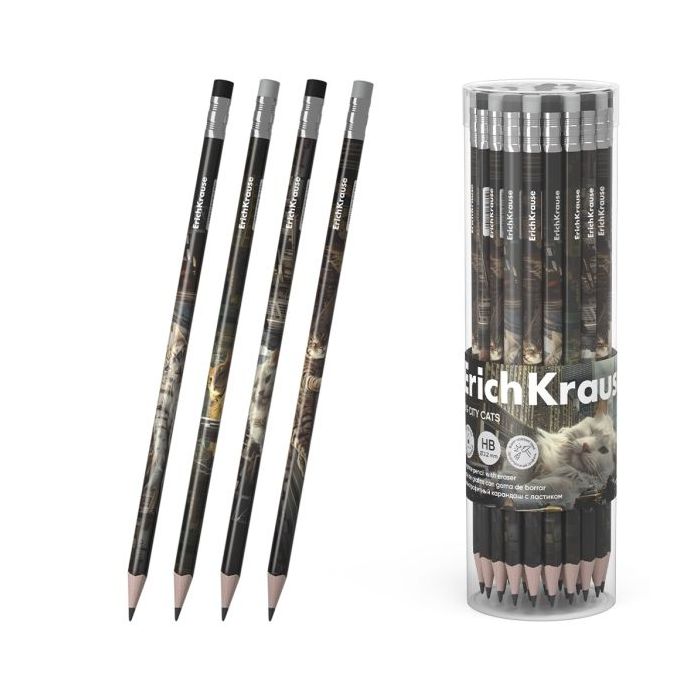 ErichKrause Big City Cats Lapiz de Grafito con Goma de Borrar - Mina HB - Cuerpo Triangular - Agarre Ergonomico - Colores Surtid