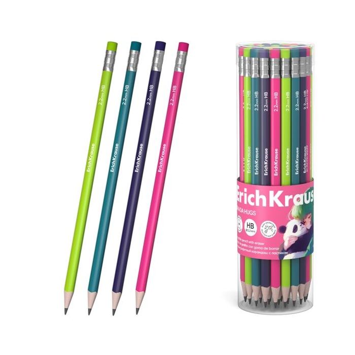 ErichKrause Panda Hugs Lapiz de Grafito con Goma de Borrar - Mina HB - Cuerpo Redondo - Agarre Ergonomico - Colores Surtidos