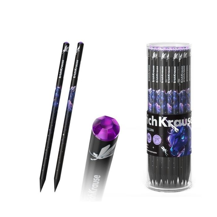 ErichKrause Black Unicorn Lapiz de Grafito - Mina HB - Cuerpo Redondo - Agarre Ergonomico - Colores Surtidos