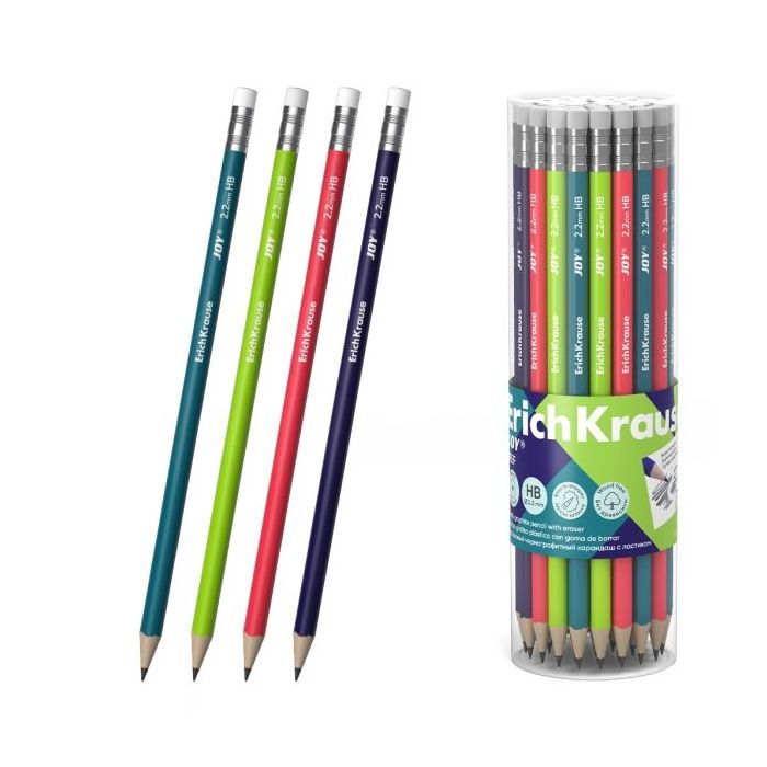 ErichKrause JOY Reef Lapiz de Grafito con Goma de Borrar - Mina HB - Cuerpo Redondo - Plastico - Colores Surtidos