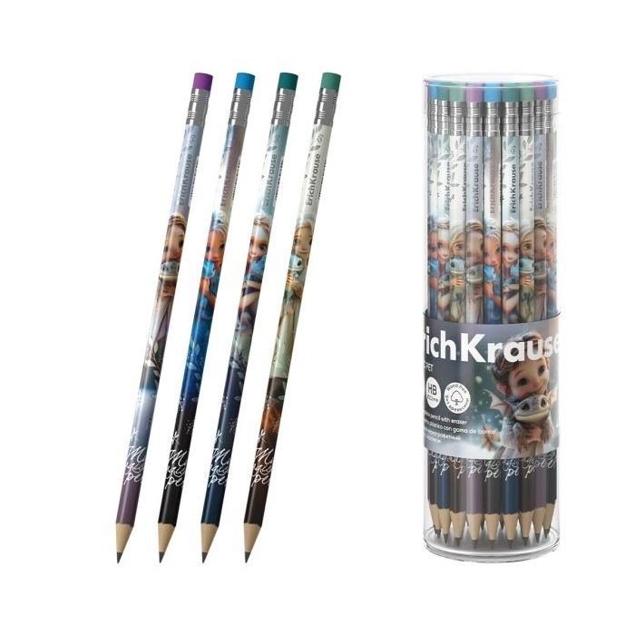 ErichKrause Magic Pet Lapiz de Grafito con Goma de Borrar - Mina HB - Cuerpo Redondo - Plastico - Colores Surtidos