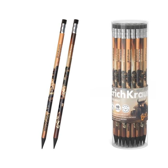 ErichKrause Road Beast Lapiz de Grafito con Goma de Borrar - Mina HB - Cuerpo Triangular - Plastico - Colores Surtidos
