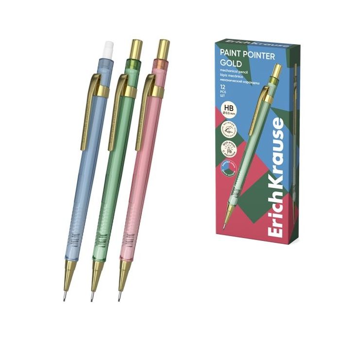 ErichKrause Paint Pointer Gold Portaminas - Mina HB de 0.5mm - Goma de Borrar Integrada - Colores Surtidos