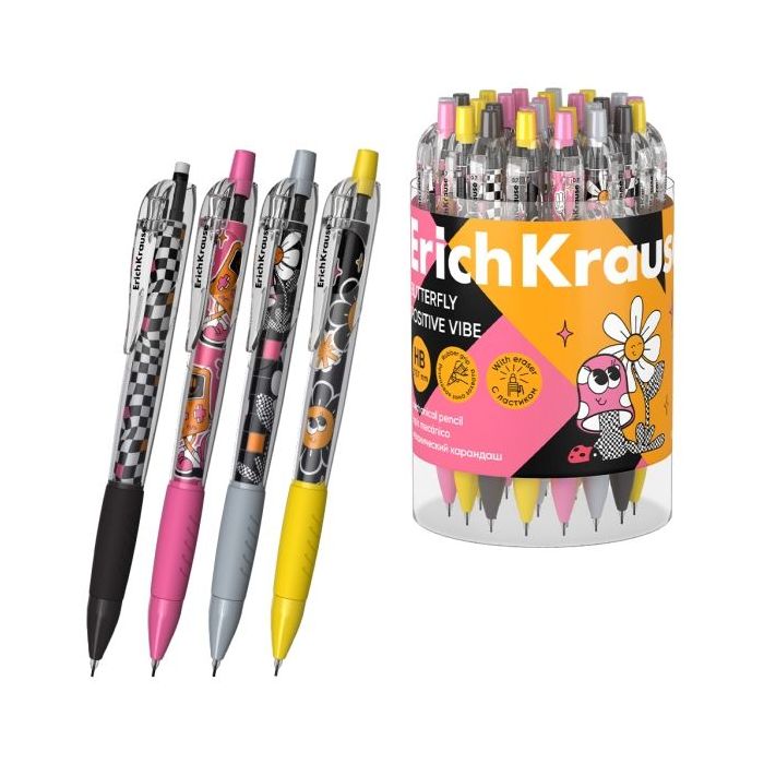 ErichKrause Butterfly Positive Vibe Portaminas - Mina HB de 0.7mm - Goma de Borrar Integrada - Ergonomico - Colores Surtidos