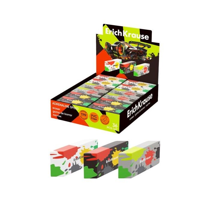 ErichKrause Adrenaline Speed Expositor con 36 Gomas de Borrar - Caucho Termoplastico - No Deja Residuos - Libre de PVC - Colores