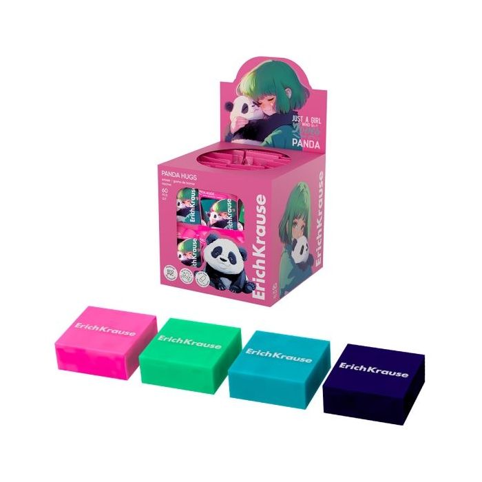 ErichKrause Panda Hugs Expositor con 60 Gomas de Borrar - PVC Ecologico - Hipoalergenico - No Deja Residuos - Colores Surtidos