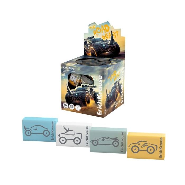 ErichKrause Road Beast Expositor con 60 Gomas de Borrar - Caucho Termoplastico - Hipoalergenico - Libre de Polvo y PVC - Colores