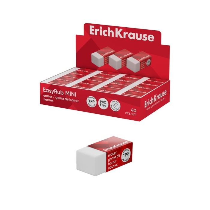 ErichKrause EasyRub Mini Expositor con 40 Gomas de Borrar - Caucho Termoplastico - No Deja Residuos - Libre de PVC - Color Blanc