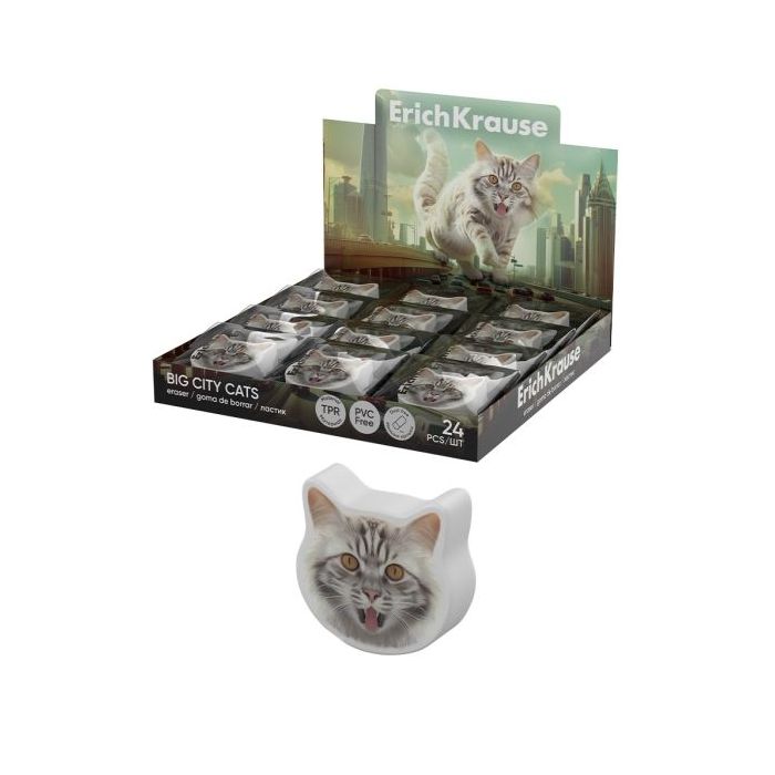 ErichKrause Big City Cats Expositor con 24 Gomas de Borrar - Caucho Termoplastico - No Deja Residuos - Libre de PVC - Color Vari