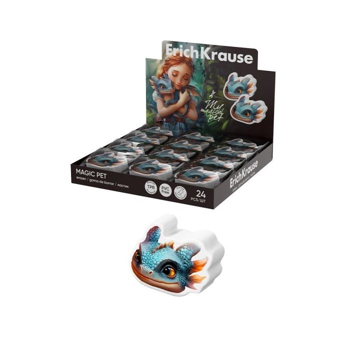 ErichKrause Magic Pet Expositor con 24 Gomas de Borrar - Caucho Termoplastico - No Deja Residuos - No Rasga el Papel - Color Var
