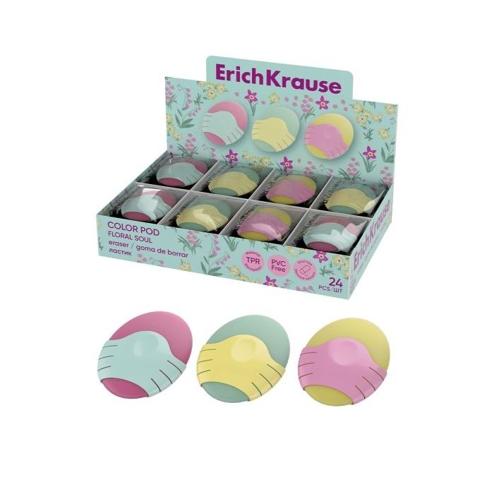 ErichKrause Color Pod Floral Soul Expositor con 30 Gomas de Borrar - Caucho Termoplastico - Hipoalergenico - Libre de Polvo y PV