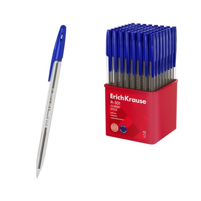ErichKrause R-301 Stick Classic Boligrafo con Capuchon - Punta de 1.0mm - Cuerpo Transparente - Trazo 0.5mm - Tinta de Secado Ra