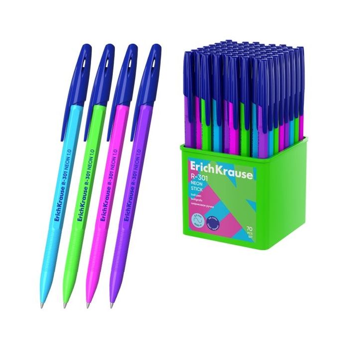 ErichKrause R-301 Stick Neon Boligrafo con Capuchon - Modelos Surtidos - Trazo 0.5mm - Tinta de Secado Rapido - Contenedor de Pl