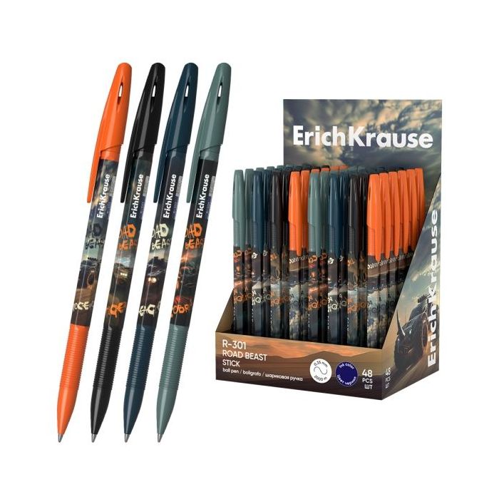 ErichKrause R-301 Stick Road Beast Expositor con 48 Boligrafos con Capuchon - Modelos Surtidos - Trazo 0.35mm - Tinta de Secado