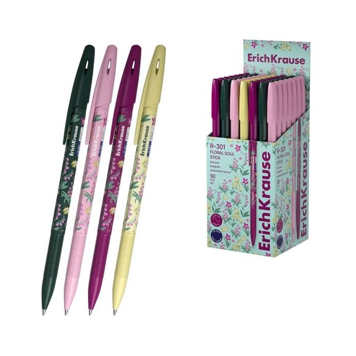 ErichKrause R-301 Stick Floral Soul Boligrafo con Capuchon - Modelos Surtidos - Trazo 0.35mm - Tinta de Secado Rapido - Tapa Ven