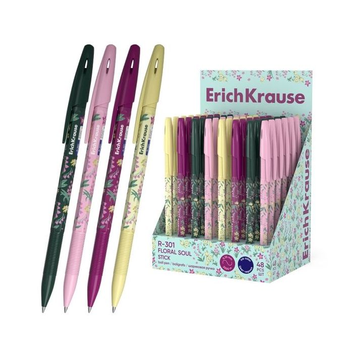 ErichKrause R-301 Stick Floral Soul Expositor con 48 Boligrafos con Capuchon - Modelos Surtidos - Trazo 0.35mm - Tinta de Secado