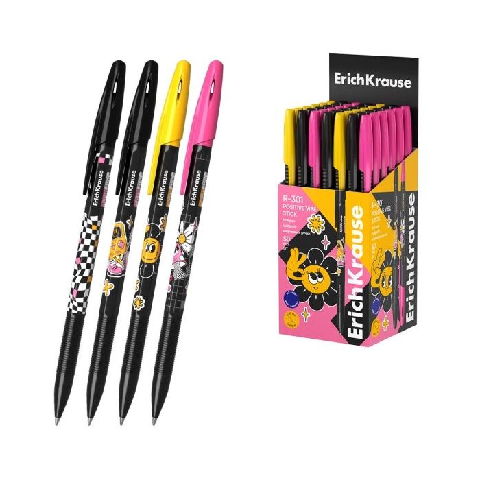 ErichKrause R-301 Stick Positive Vibe Boligrafo con Capuchon - Modelos Surtidos - Trazo 0.35mm - Tinta de Secado Rapido - Tapa V